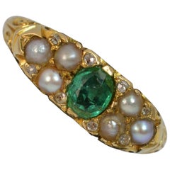Antique Victorian 18 Carat Gold Emerald Pearl and Diamond Cluster Ring