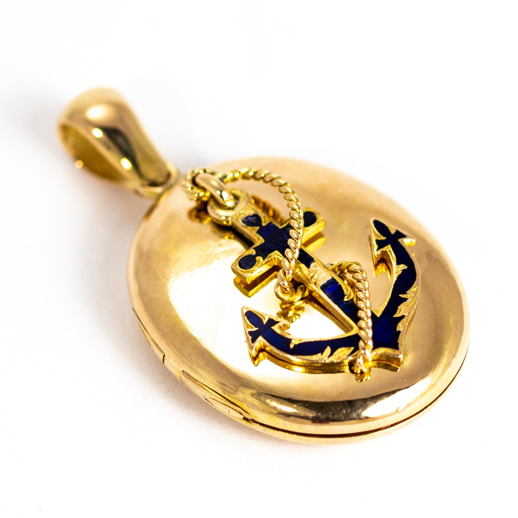 A magnificent antique Victorian locket. The anchor is inlaid with beautiful royal blue enamel and wrapped in a gold rope motif, it suggests either the owner or the man pictured inside served in Royal Navy. The inside of the locked features a glazed