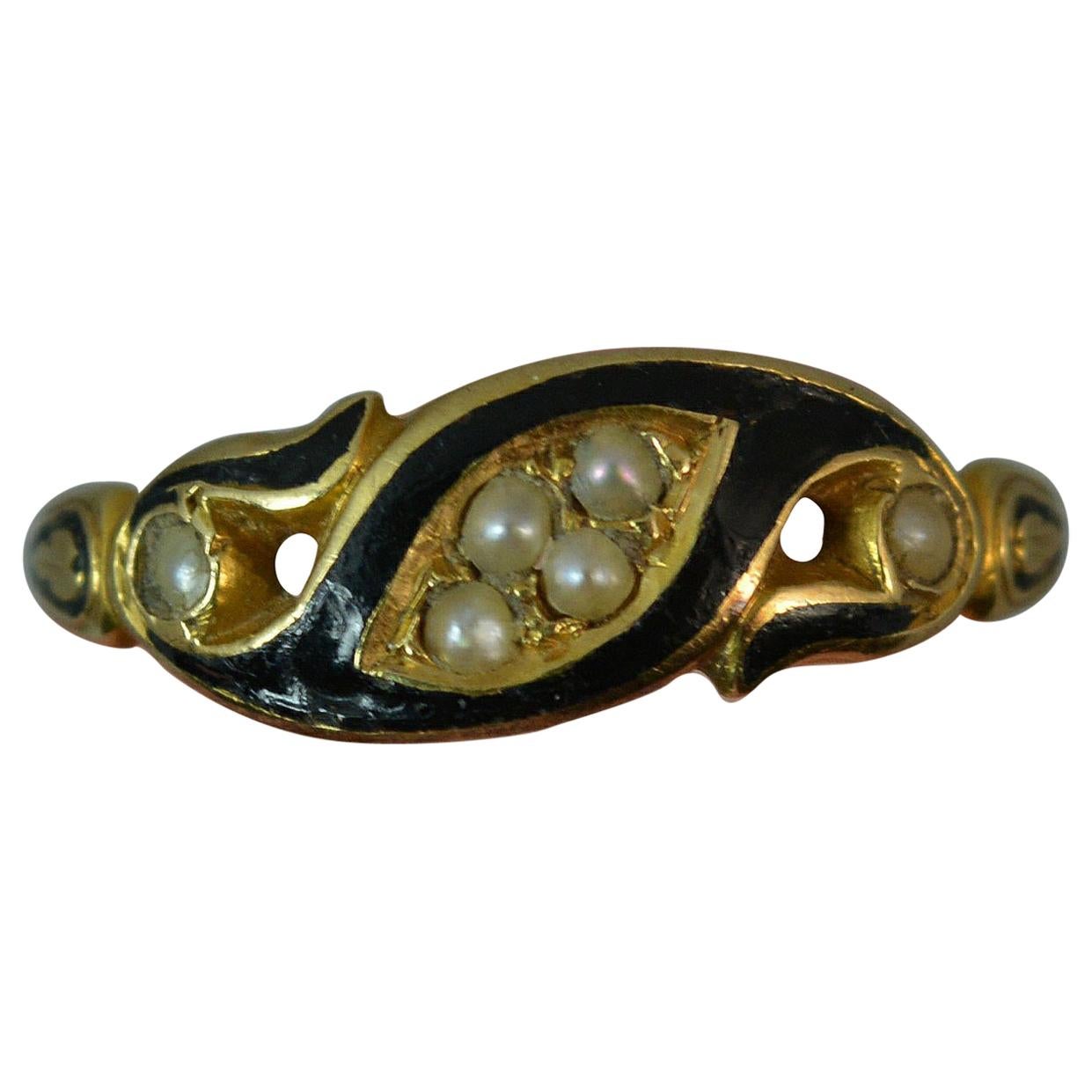 Victorian 18 Carat Gold Enamel and Pearl Mourning Band Ring