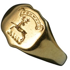 Antique Victorian 18 Carat Gold Forward Stag Deer Signet Seal Intaglio Ring