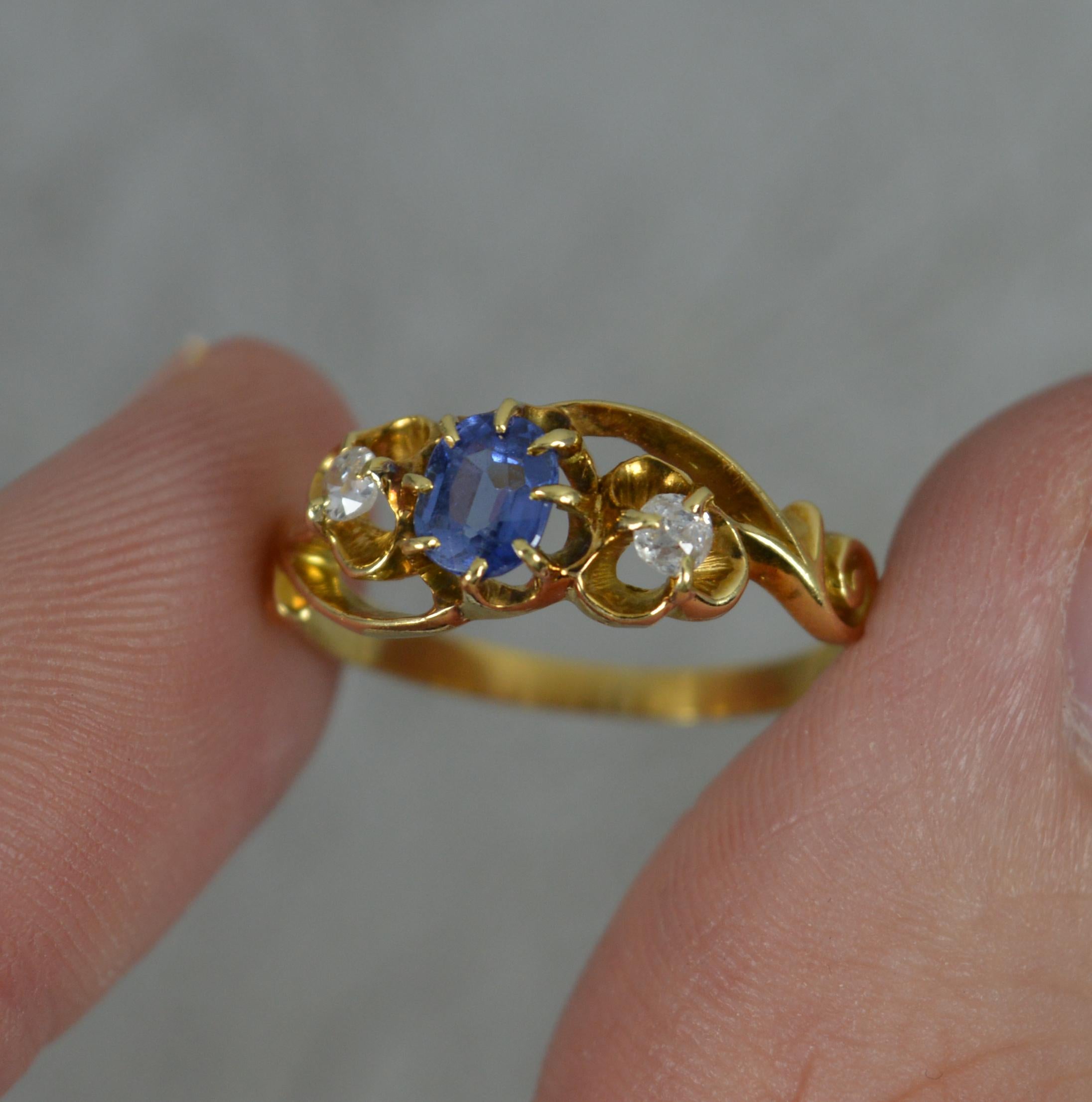Victorian 18 Carat Gold Old Cut Diamond and Ceylon Sapphire Trilogy Ring 5
