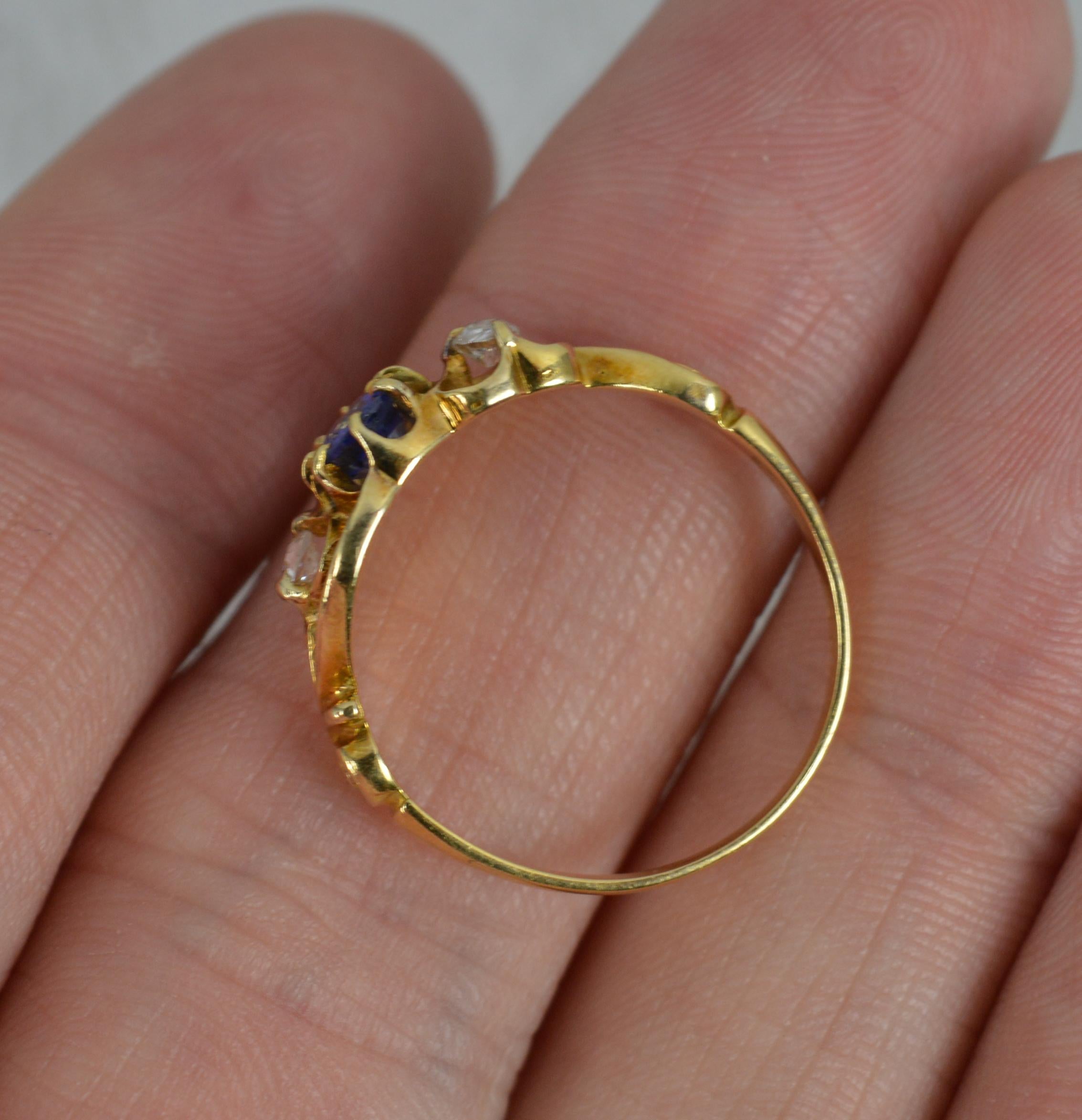 Victorian 18 Carat Gold Old Cut Diamond and Ceylon Sapphire Trilogy Ring In Excellent Condition In St Helens, GB