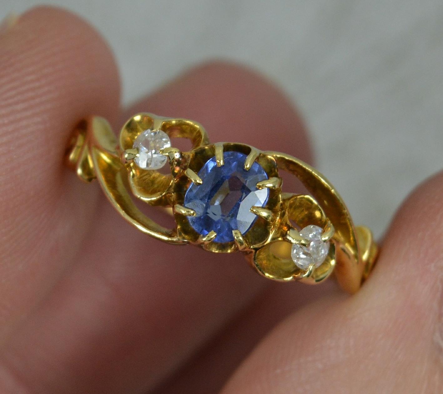 Victorian 18 Carat Gold Old Cut Diamond and Ceylon Sapphire Trilogy Ring 2