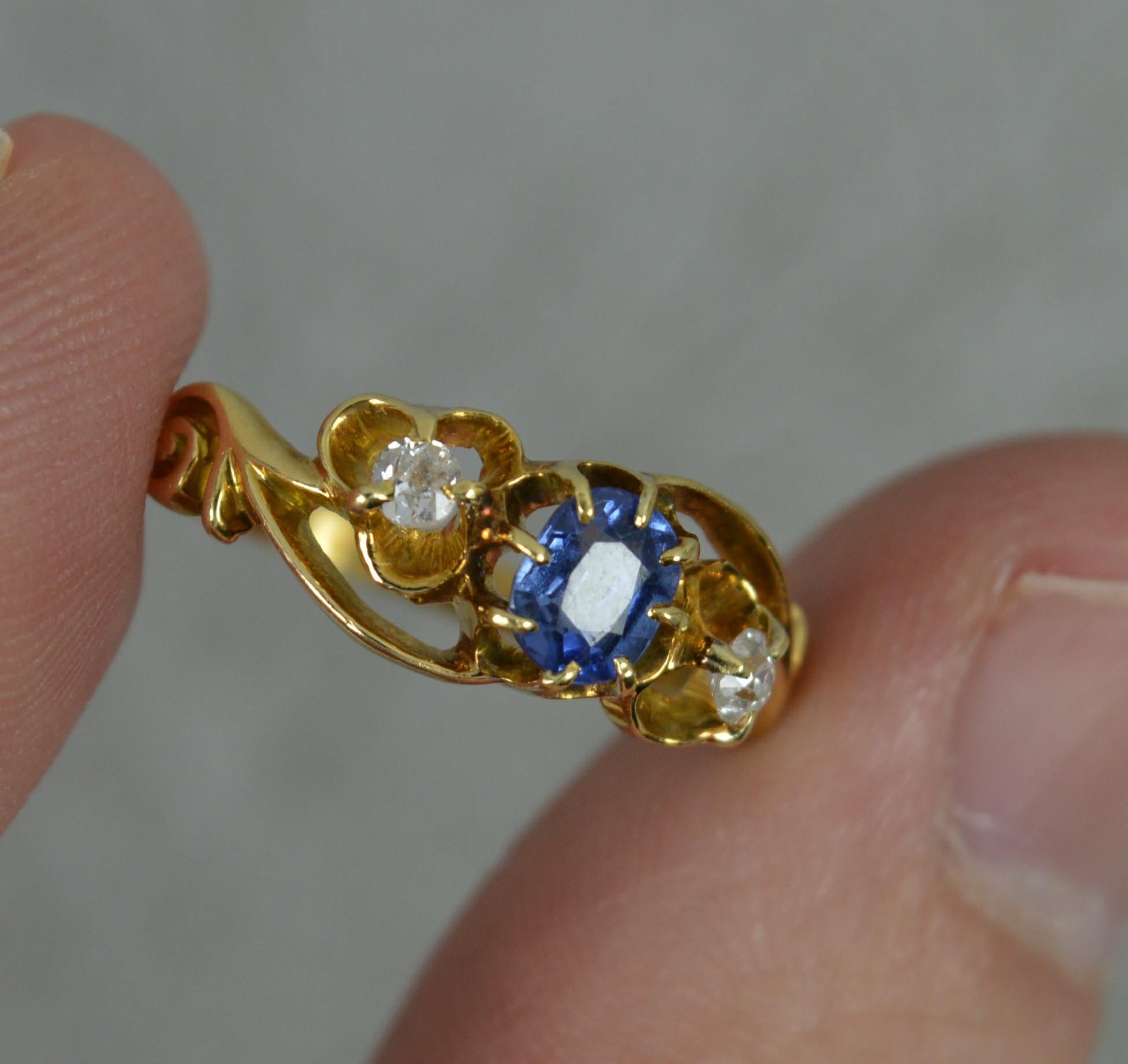 Victorian 18 Carat Gold Old Cut Diamond and Ceylon Sapphire Trilogy Ring 4