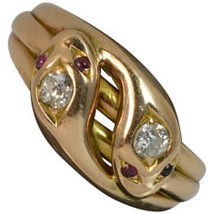 Victorian 18 Carat Gold Old Cut Diamond Garnet Double Snake Band Ring