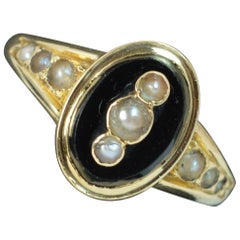 Vintage Victorian 18 Carat Gold Onyx and Seed Pearl Mourning Ring