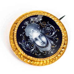 Victorian 18 Carat Gold Painted Bristol Blue Glass Goddess Brooch
