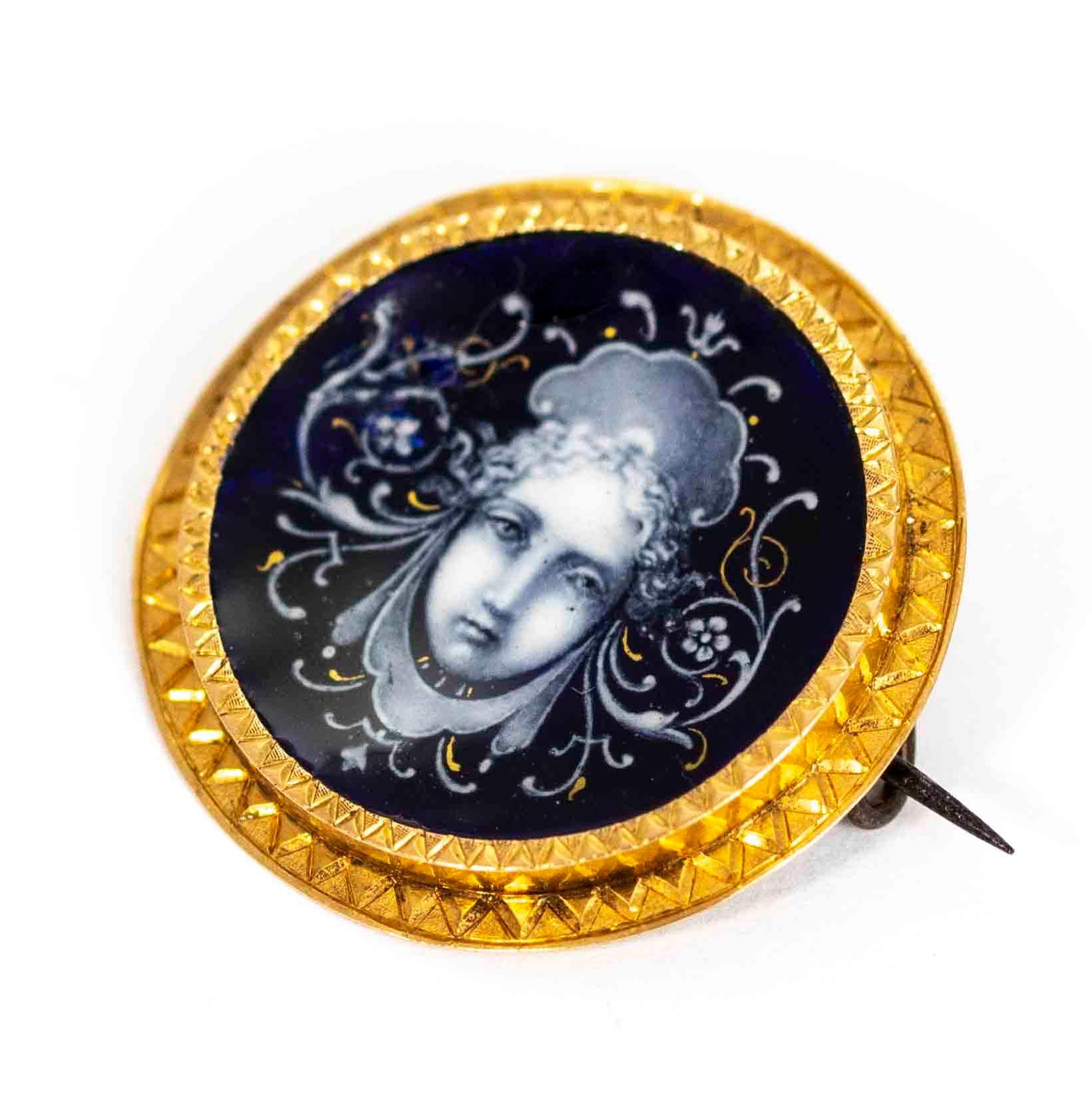High Victorian Victorian 18 Carat Gold Painted Bristol Blue Glass Goddess Brooch