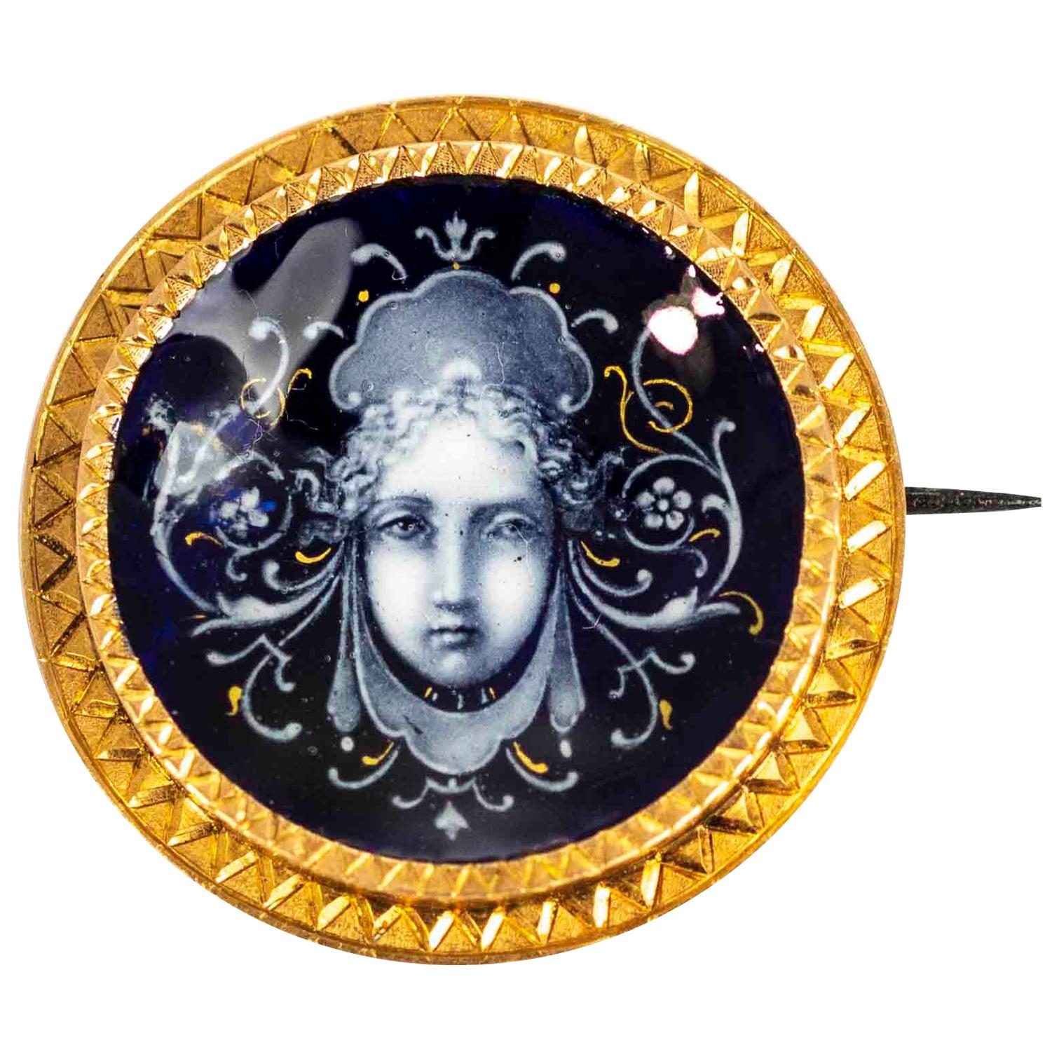 Victorian 18 Carat Gold Painted Bristol Blue Glass Goddess Brooch
