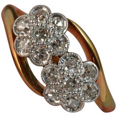 Vintage Victorian 18 Carat Gold Platinum Double Daisy Diamond Cluster Ring