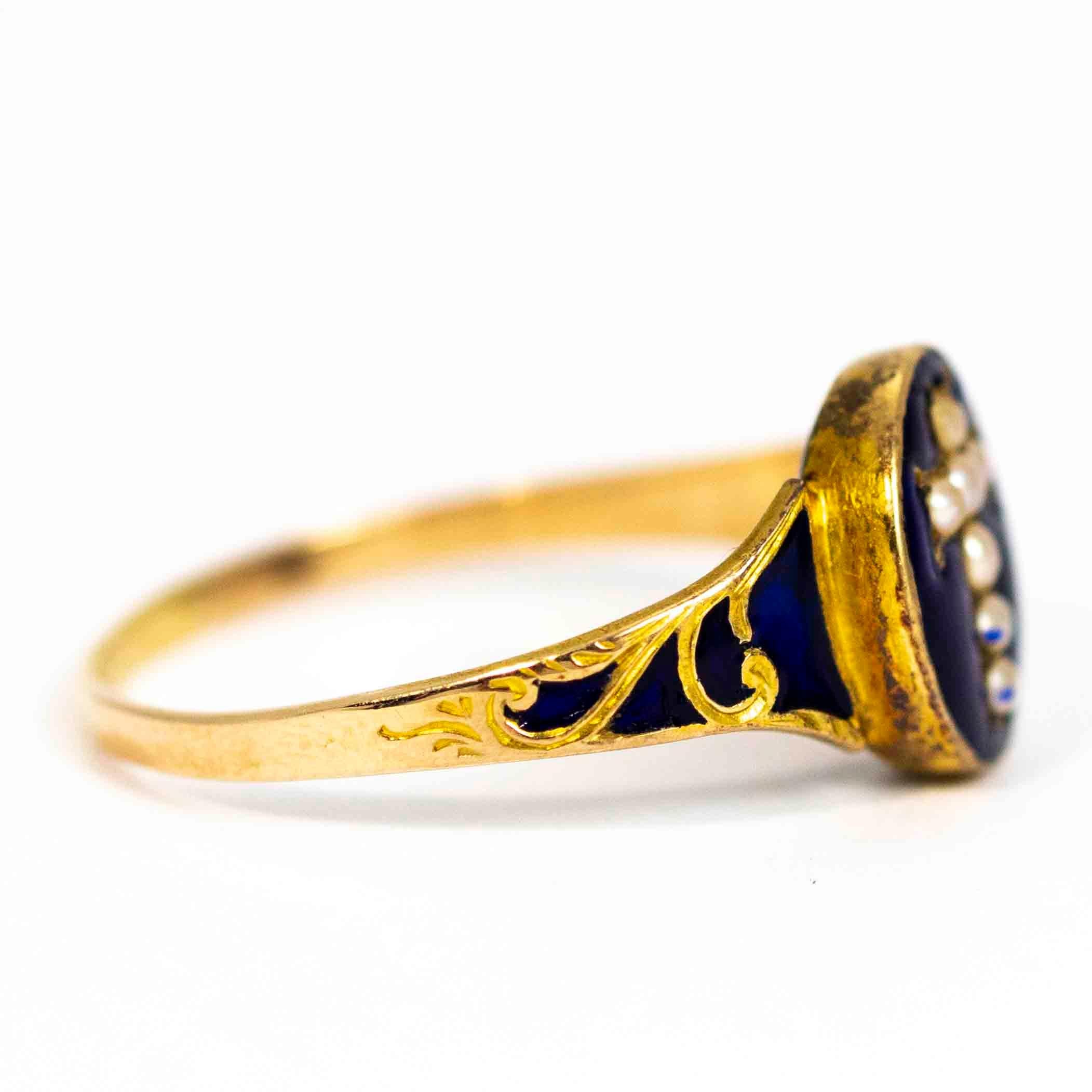 Victorian 18 Carat Gold Royal Blue Enamel and Pearl Cross Mourning Ring In Good Condition In Chipping Campden, GB