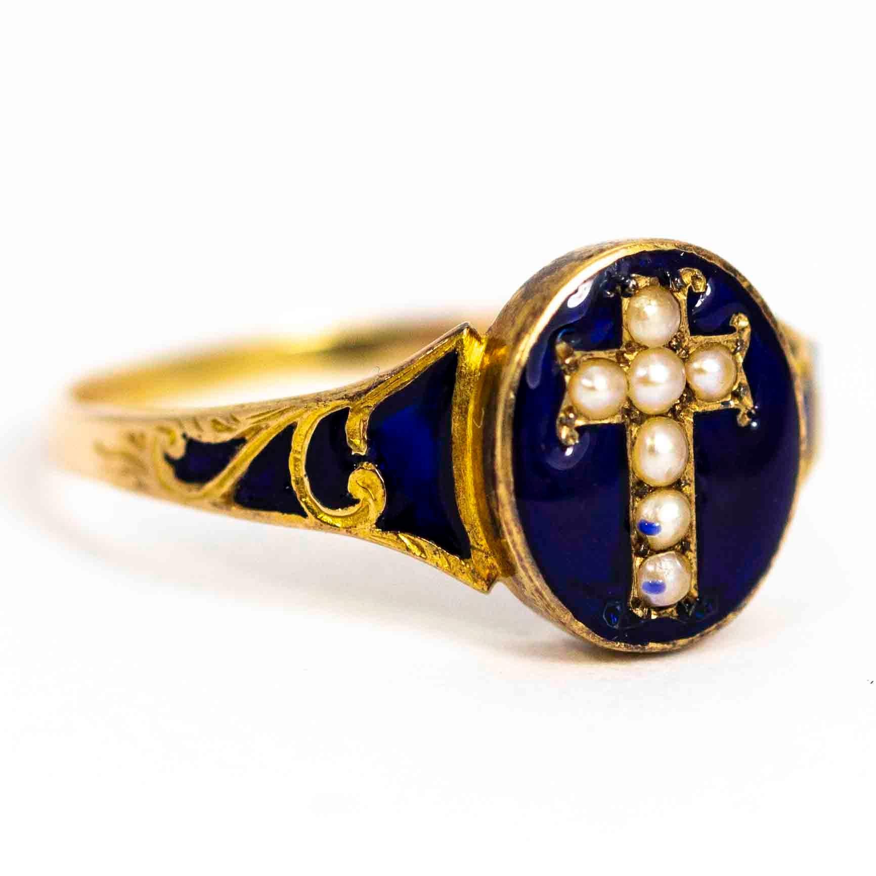 Women's or Men's Victorian 18 Carat Gold Royal Blue Enamel and Pearl Cross Mourning Ring