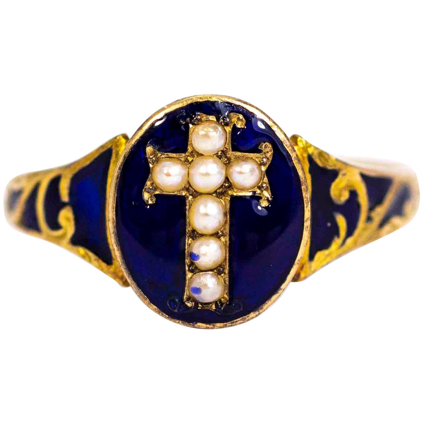 Victorian 18 Carat Gold Royal Blue Enamel and Pearl Cross Mourning Ring