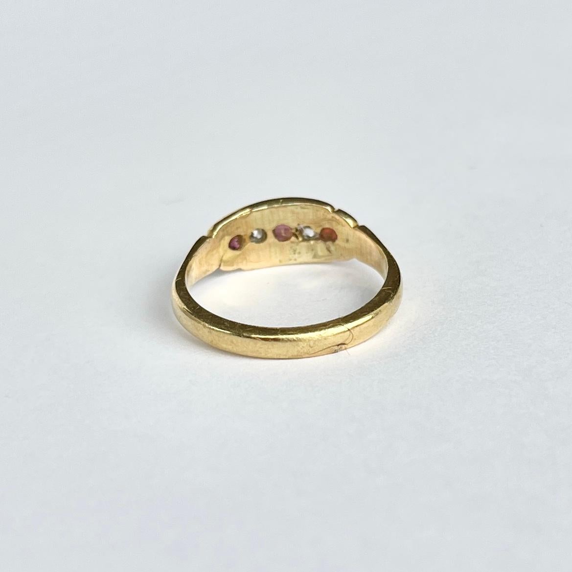 Victorian 18 Carat Gold Ruby and Diamond Five-Stone Ring In Good Condition In Chipping Campden, GB