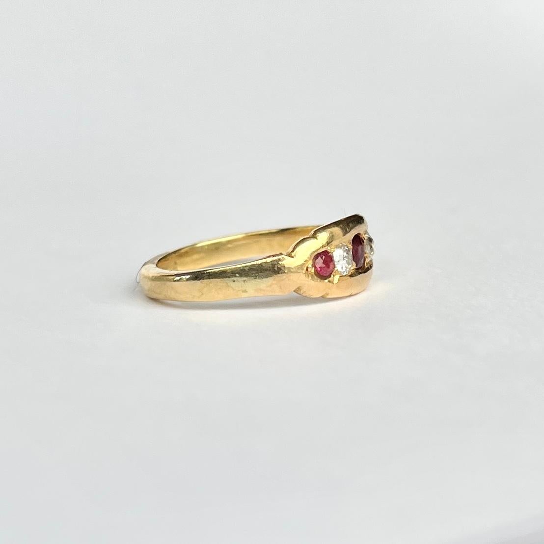 Women's or Men's Victorian 18 Carat Gold Ruby and Diamond Five-Stone Ring