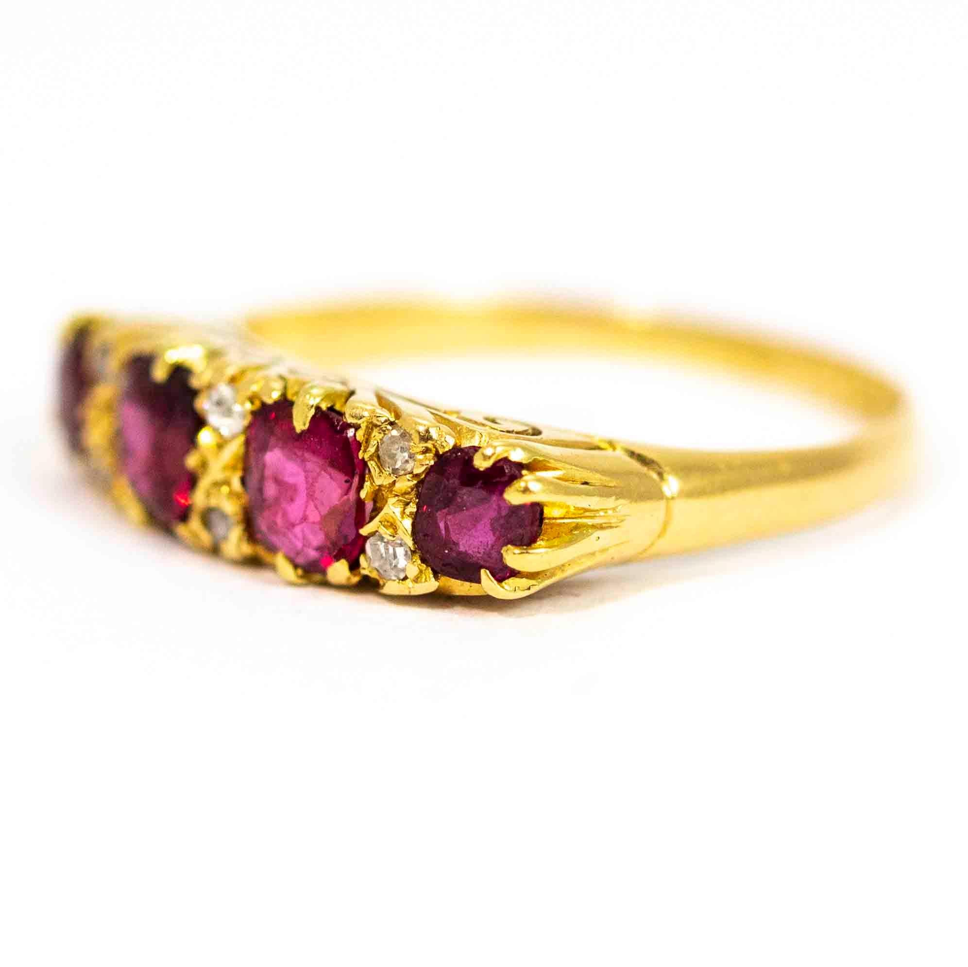 A wonderful antique Victorian four-stone ring set with beautiful cushion cut rubies. At points between the rubies are six superb diamond points. Modelled in 18 carat yellow gold.

Ring Size: UK L, US 6