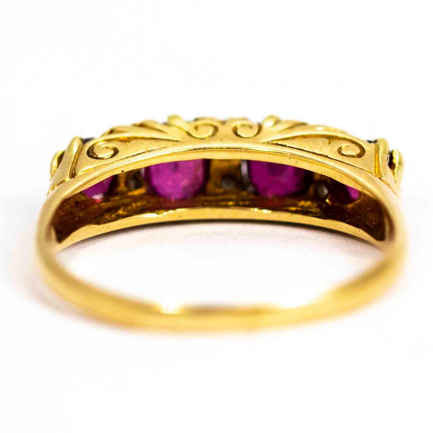 Late Victorian Victorian 18 Carat Gold Ruby Four-Stone Ring with Diamond Points