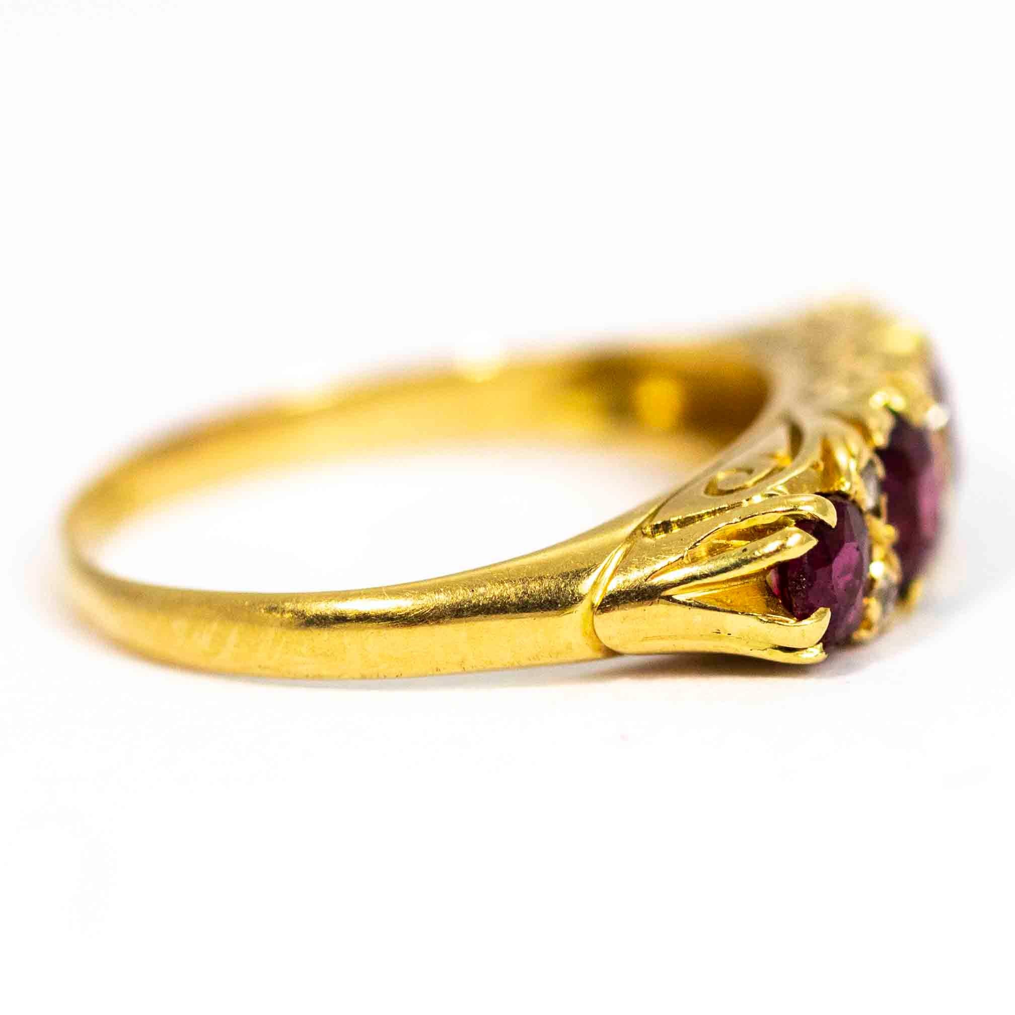 Cushion Cut Victorian 18 Carat Gold Ruby Four-Stone Ring with Diamond Points