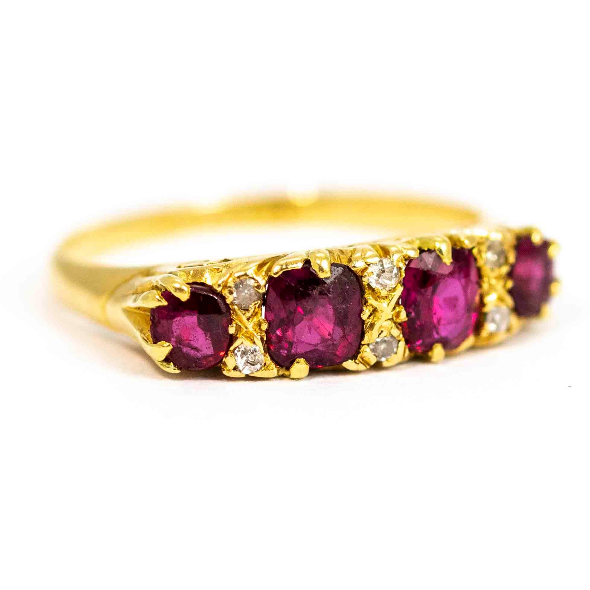 Victorian 18 Carat Gold Ruby Four-Stone Ring with Diamond Points In Good Condition In Chipping Campden, GB