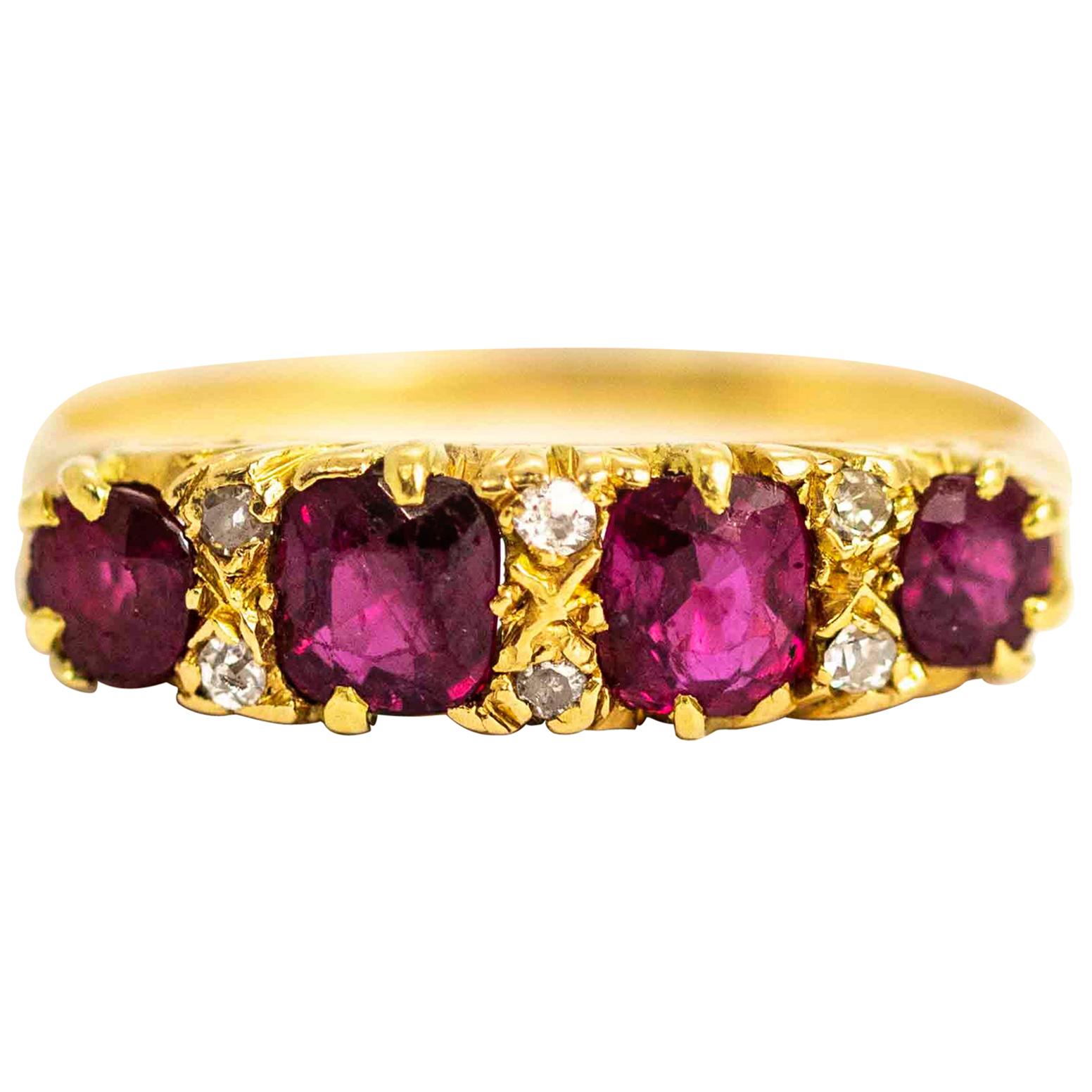 Victorian 18 Carat Gold Ruby Four-Stone Ring with Diamond Points