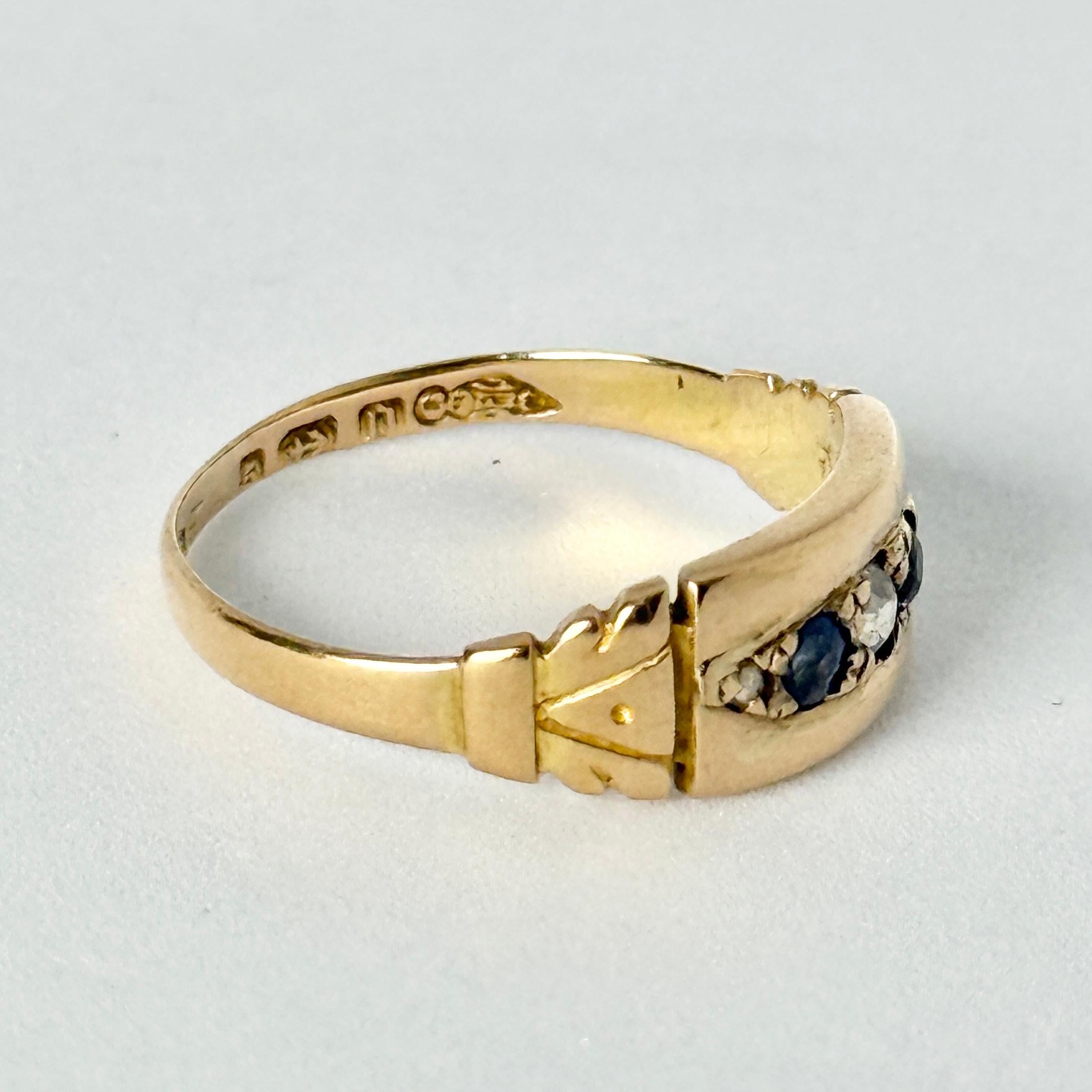 da uomo o donna Anello vittoriano a cinque pietre con zaffiro e diamante in oro 18 carati in vendita