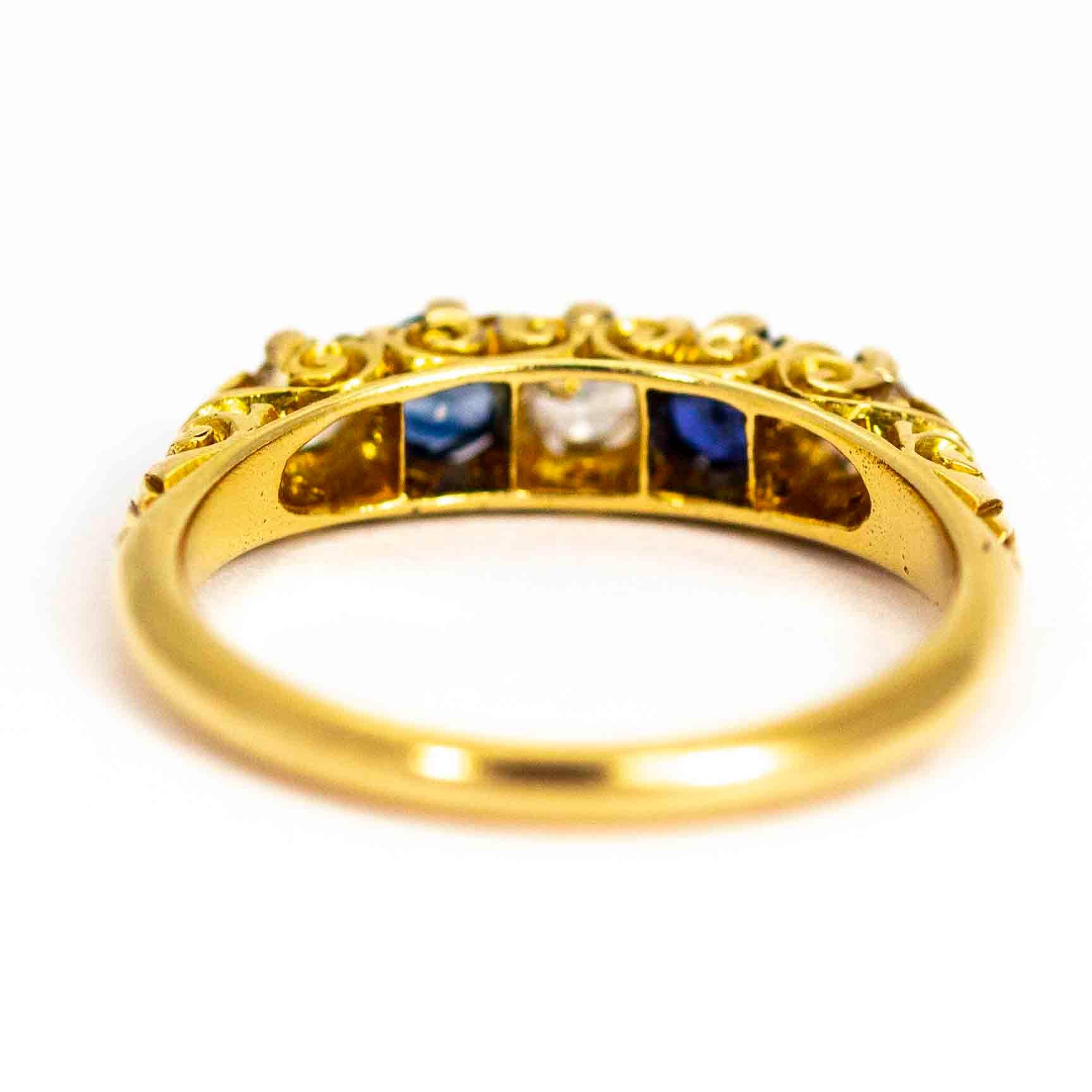 Old European Cut Victorian 18 Carat Gold Sapphire and Diamond Five-Stone Ring