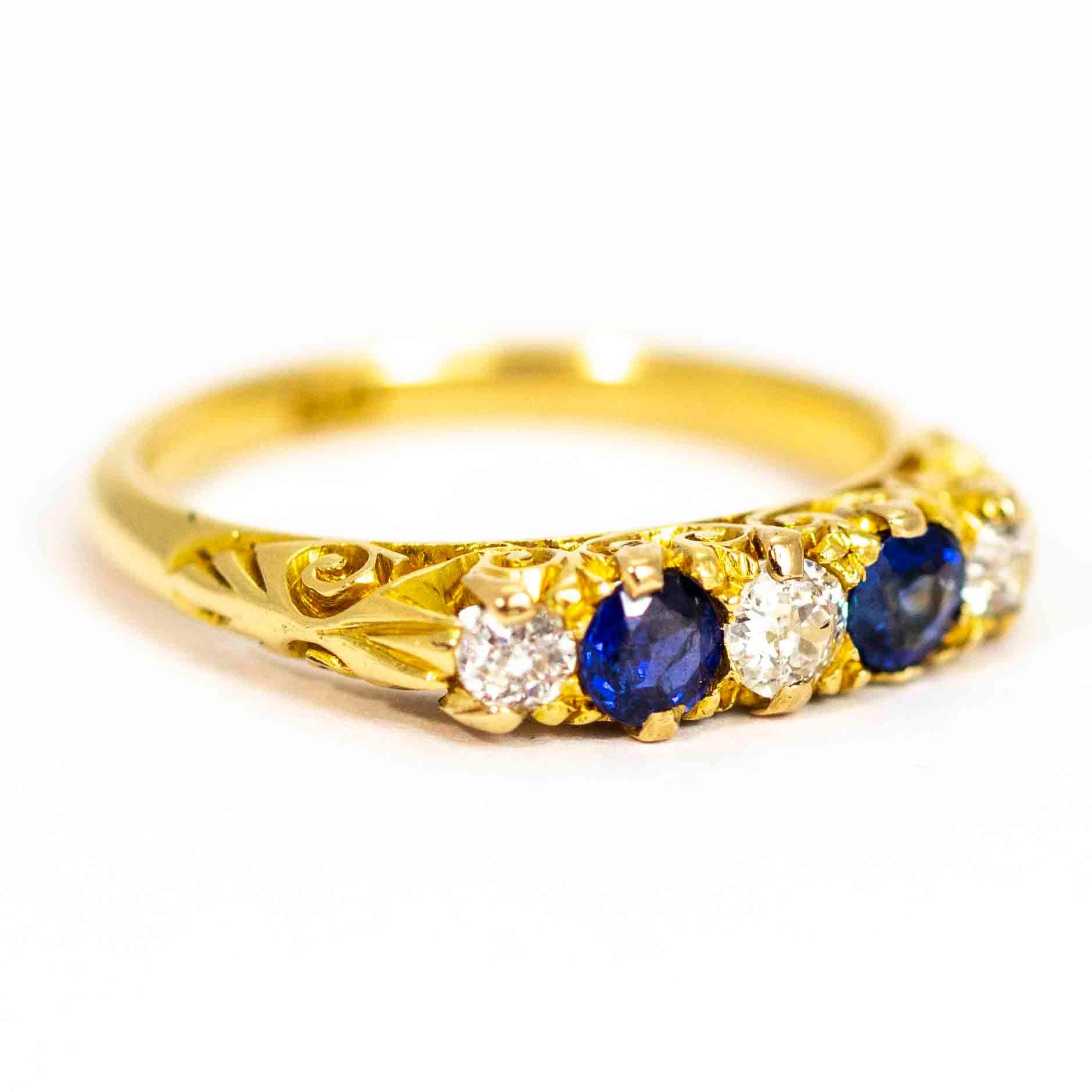 Women's or Men's Victorian 18 Carat Gold Sapphire and Diamond Five-Stone Ring