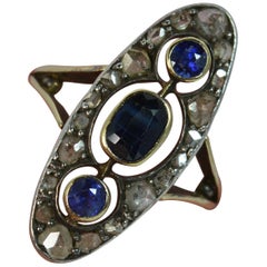 Victorian 18 Carat Gold Sapphire Rose Cut Diamond Navette Cluster Ring