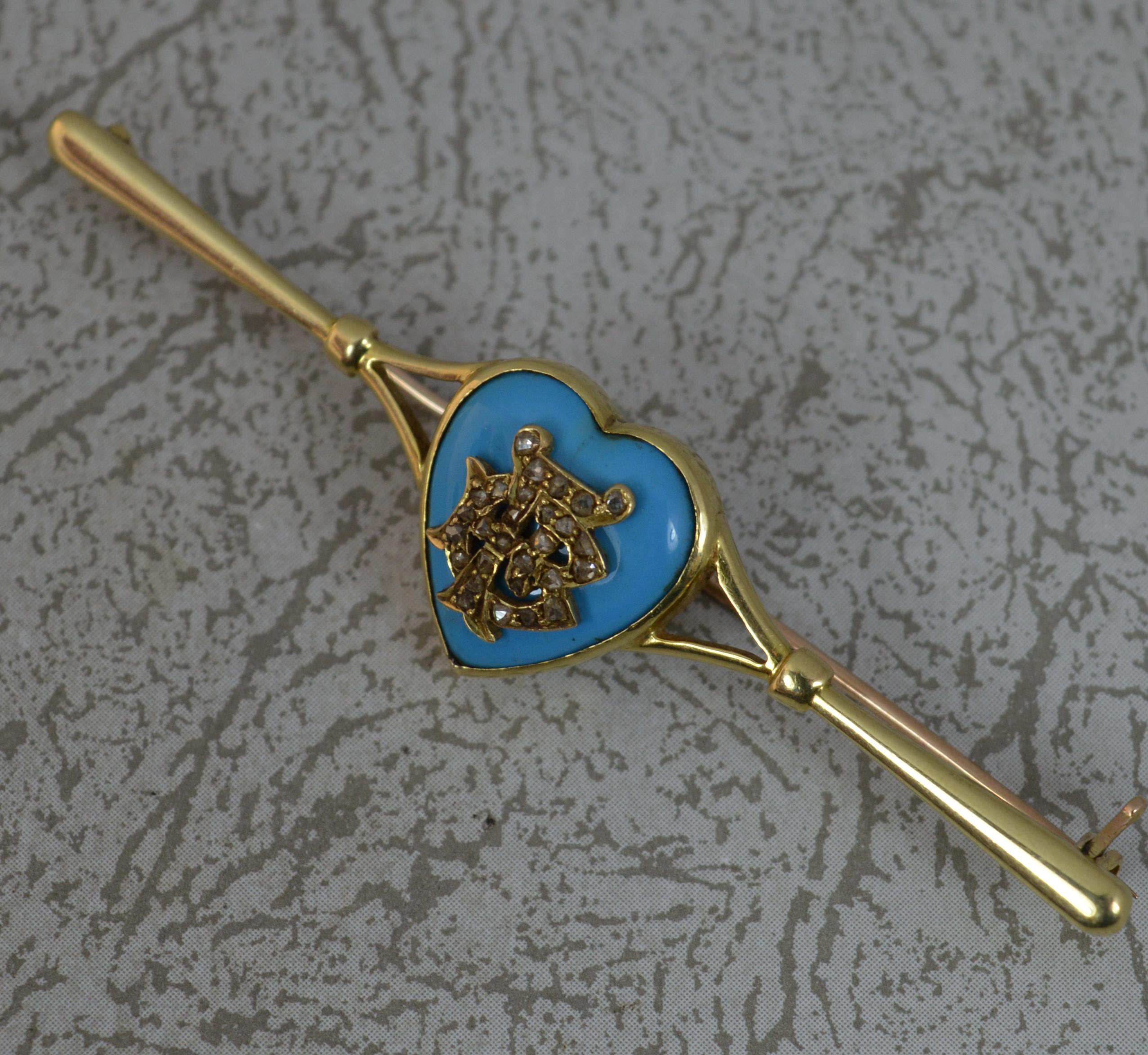 Rose Cut Victorian 18 Carat Gold Turquoise and Diamond FB BF Heart Bar Broch For Sale
