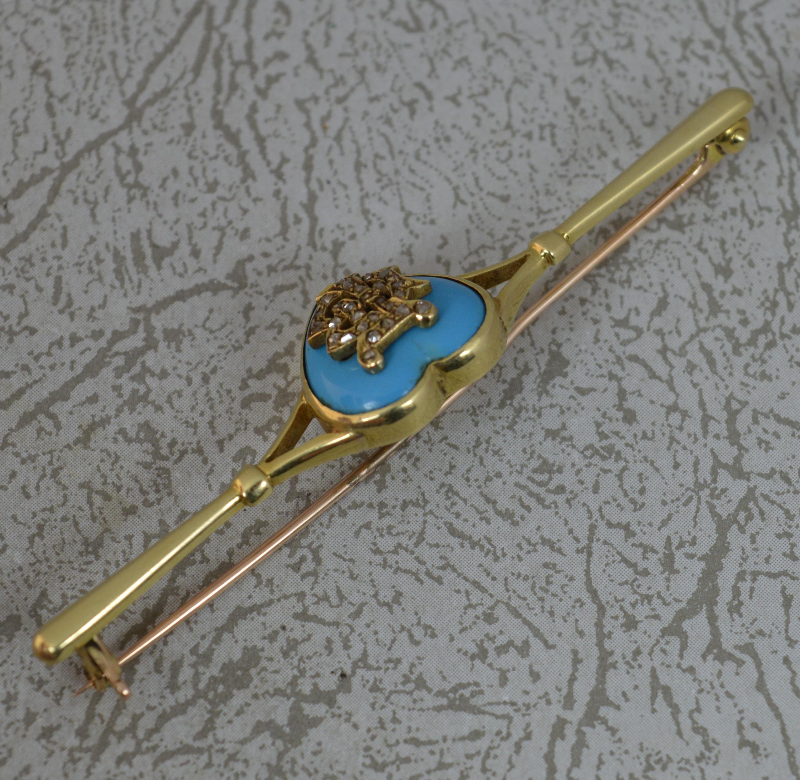 Victorian 18 Carat Gold Turquoise and Diamond FB BF Heart Bar Broch In Excellent Condition For Sale In St Helens, GB