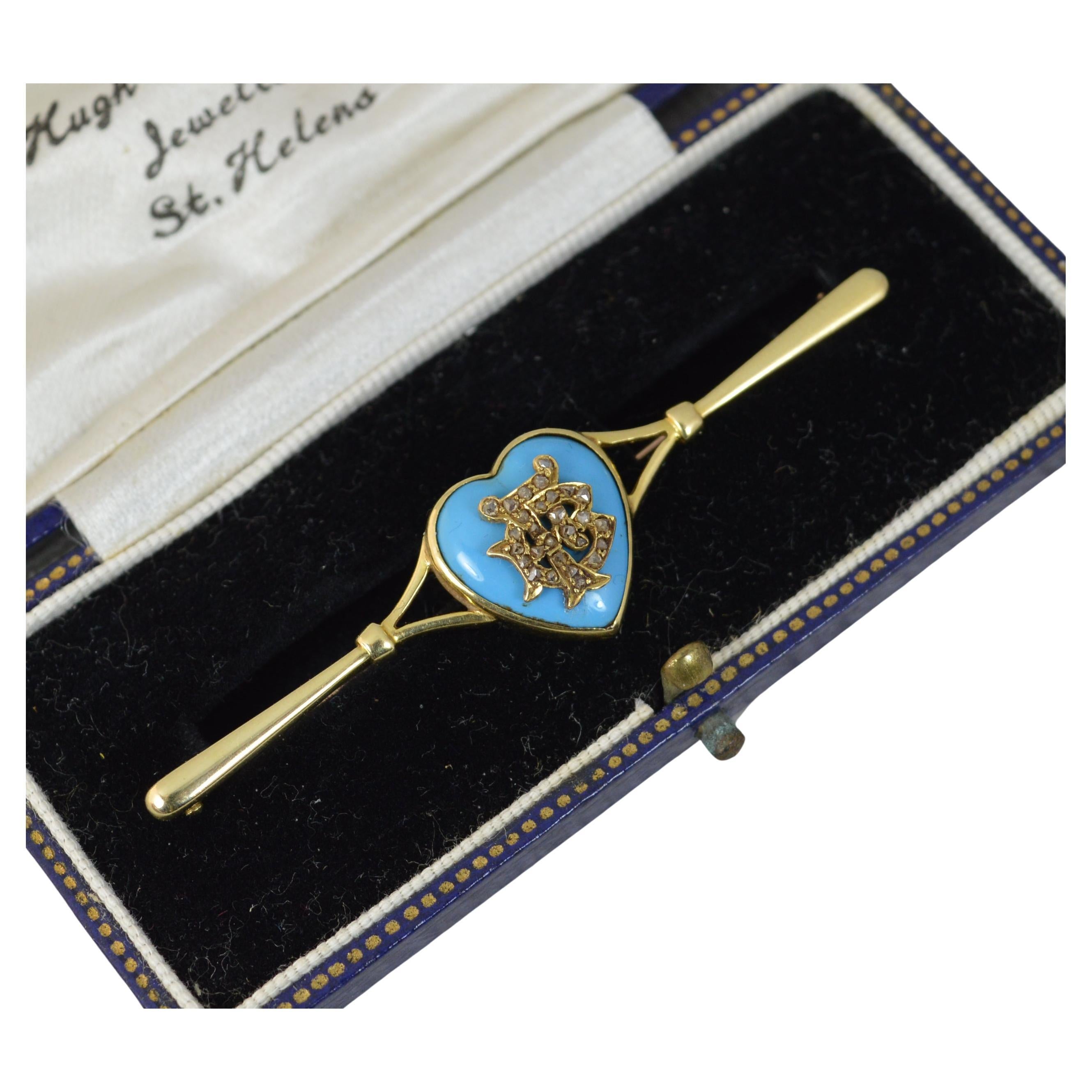 Victorian 18 Carat Gold Turquoise and Diamond FB BF Heart Bar Broch For Sale