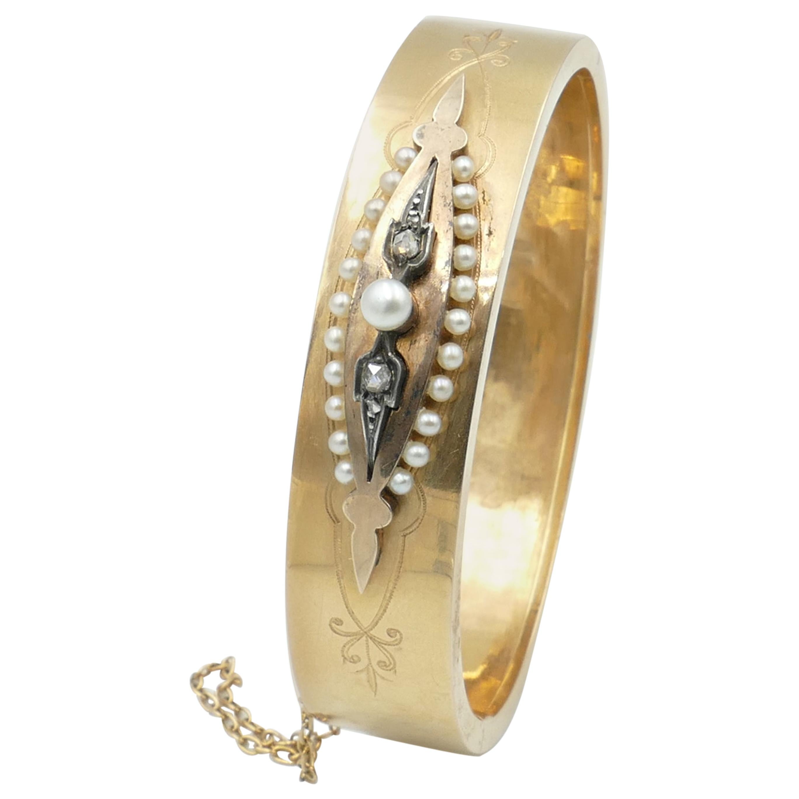 Victorian 18 Carat Rose/Yellow Gold Diamond and Pearl Hinged Bangle For Sale