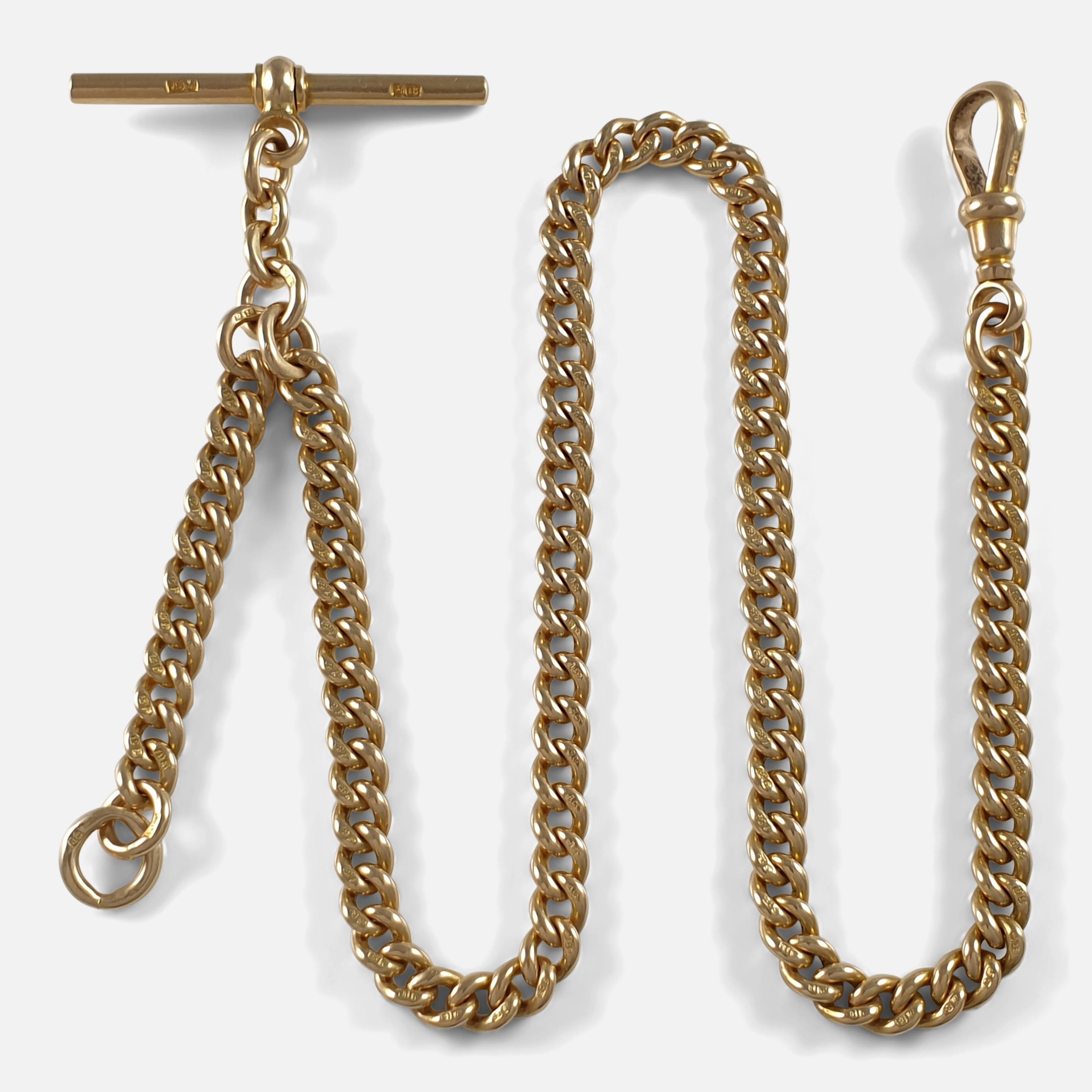 An antique Victorian 18 carat yellow gold albert watch chain, and T-bar; Birmingham, 1884. 

Date: - 1884.

Engraving: - N/A.

Measurement: - The watch chain measures approximately 15 1/8 inches (38.4cm).  The chain links are 0.5cm wide.

Weight: -