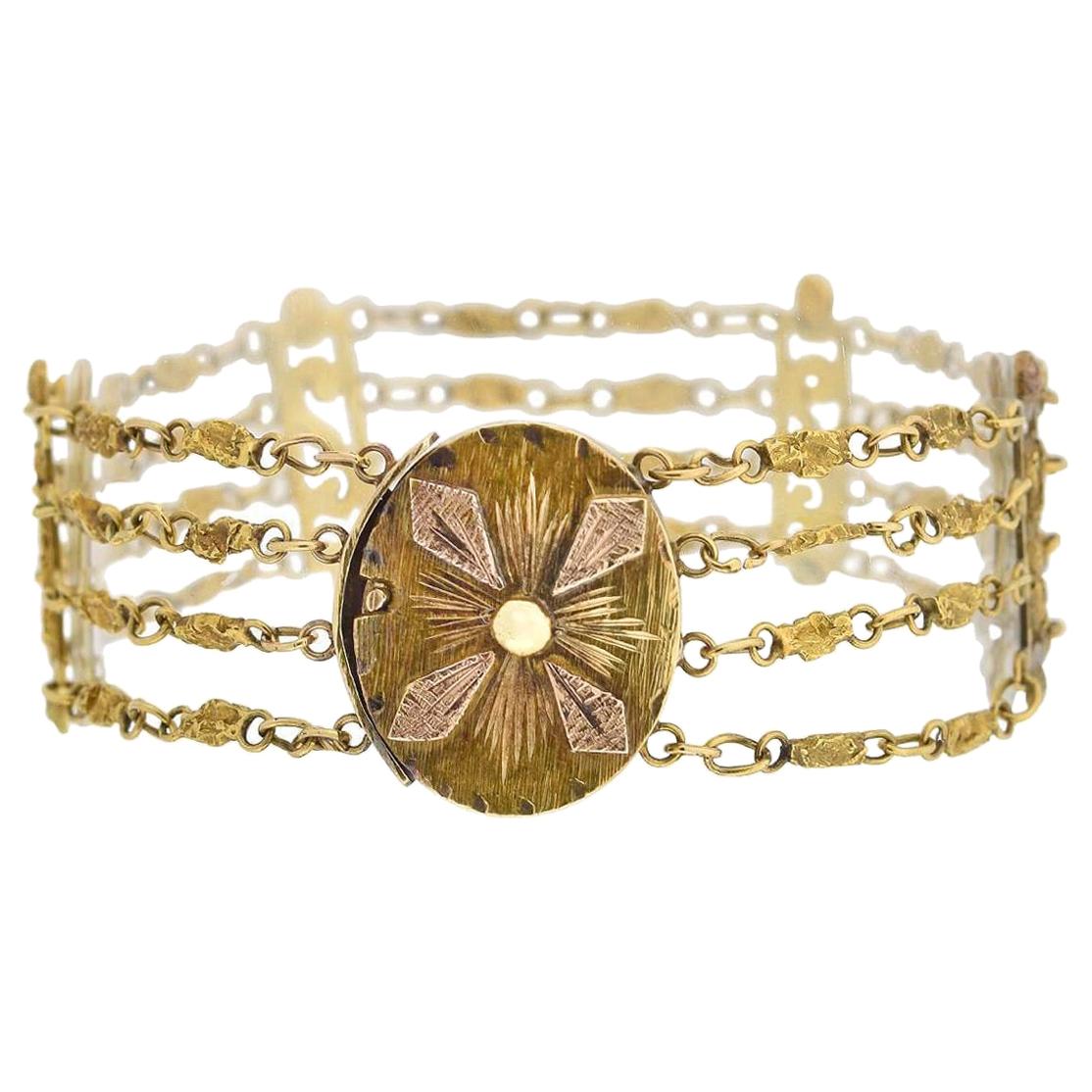 Viktorianisches mehrstrangiges Armband aus 18 Karat und echtem Gold mit Nuggetmuster im Angebot