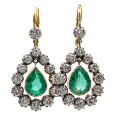Victorian 18 Karat and Silver Emeralds and Old Mine Cut Diamond Earrings