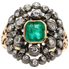 Victorian 18 Karat and Silver Natural Emerald and Diamond Ring