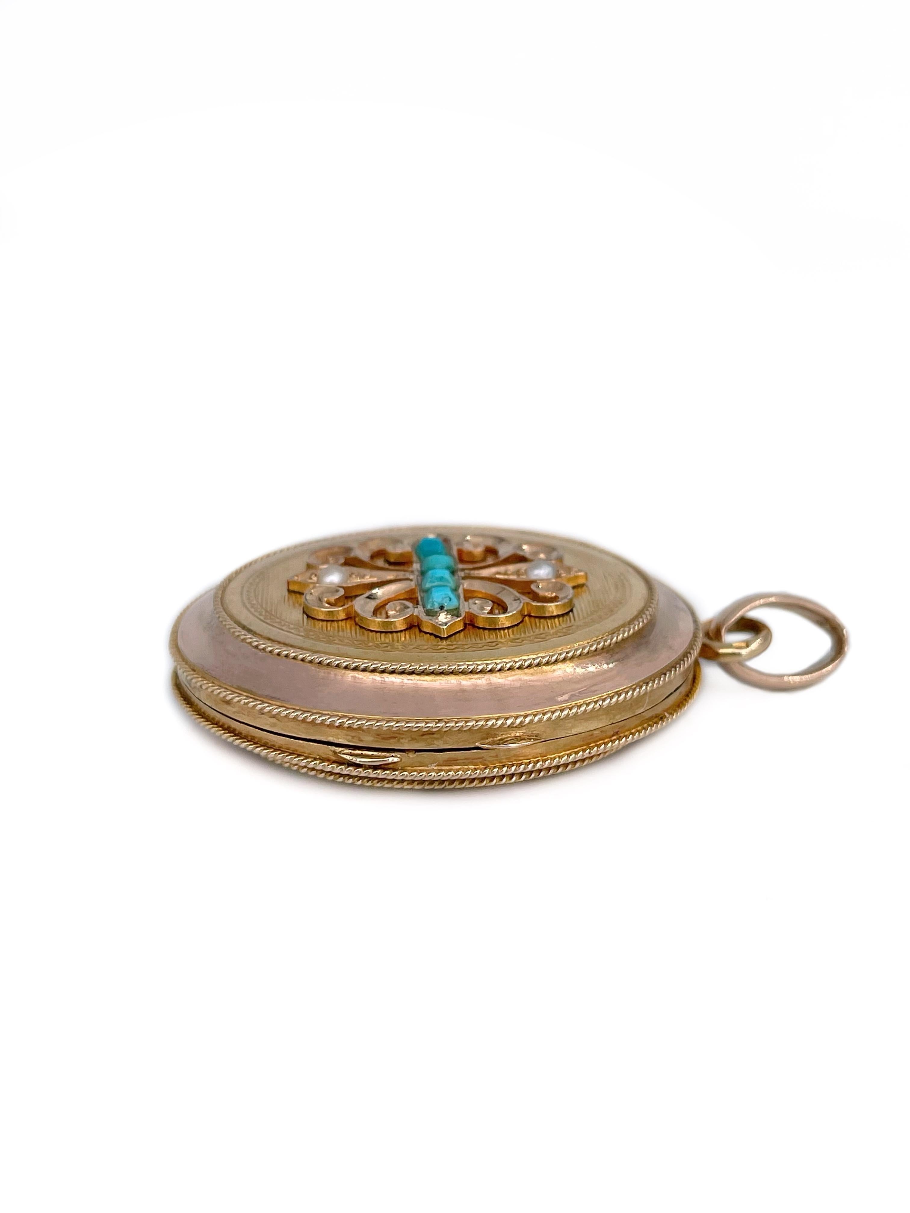 Victorian 18 Karat Bi-Colour Gold Turquoise Seed Pearl Oval Locket Pendant In Good Condition For Sale In Vilnius, LT