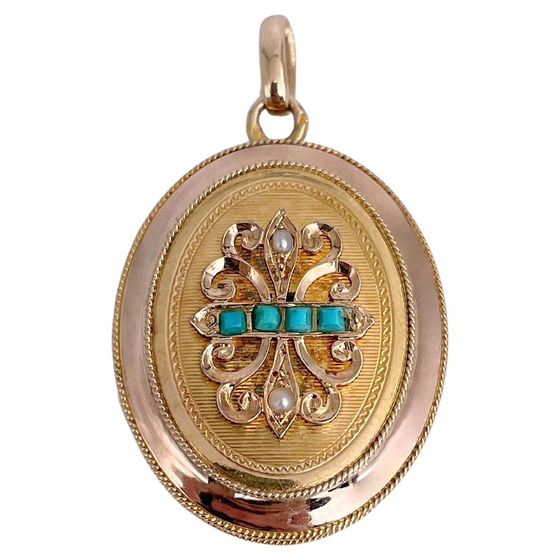 Victorian 18 Karat Bi-Colour Gold Turquoise Seed Pearl Oval Locket Pendant For Sale