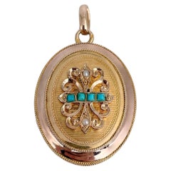 Victorian 18 Karat Bi-Colour Gold Turquoise Seed Pearl Oval Locket Pendant