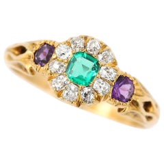 Antique Victorian 18 Karat Emerald, Amethyst and Diamond Cluster Ring