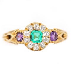 Victorian 18 Karat Emerald, Amethyst and Diamond Cluster Ring
