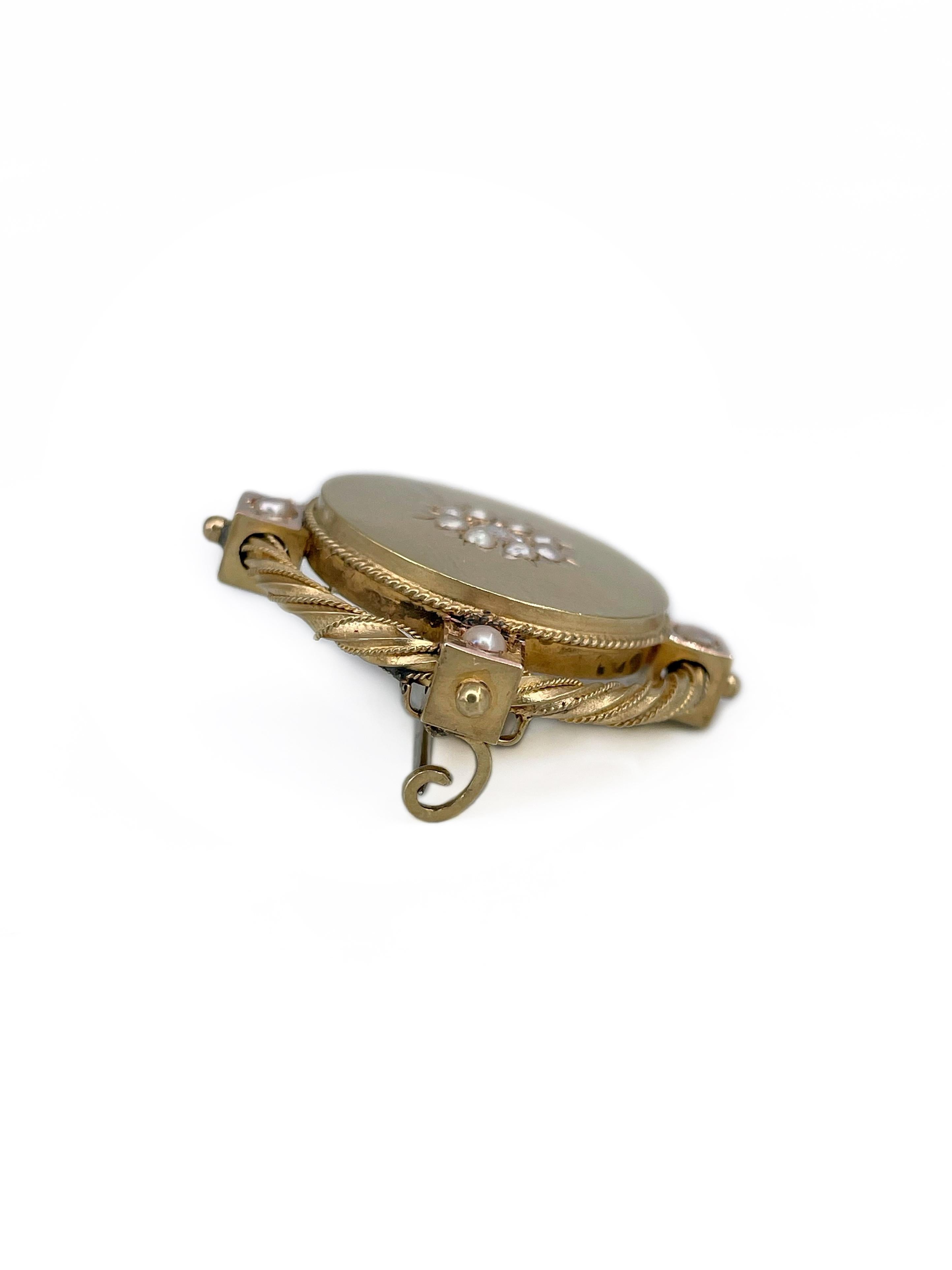 Mixed Cut Victorian 18 Karat Gold 0.03 Carat Rose Cut Diamond Pearl Round Pin Brooch For Sale