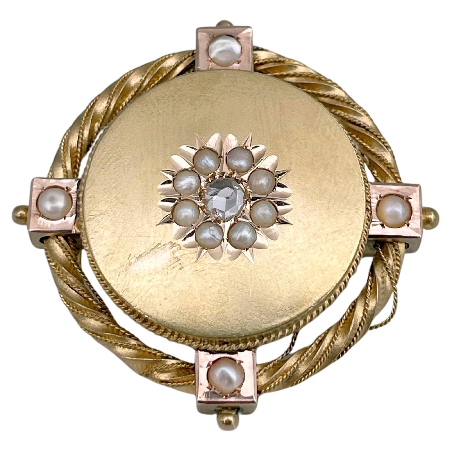 Viktorianische runde Anstecknadelbrosche aus 18 Karat Gold 0,03 Karat Diamant im Rosenschliff Perle