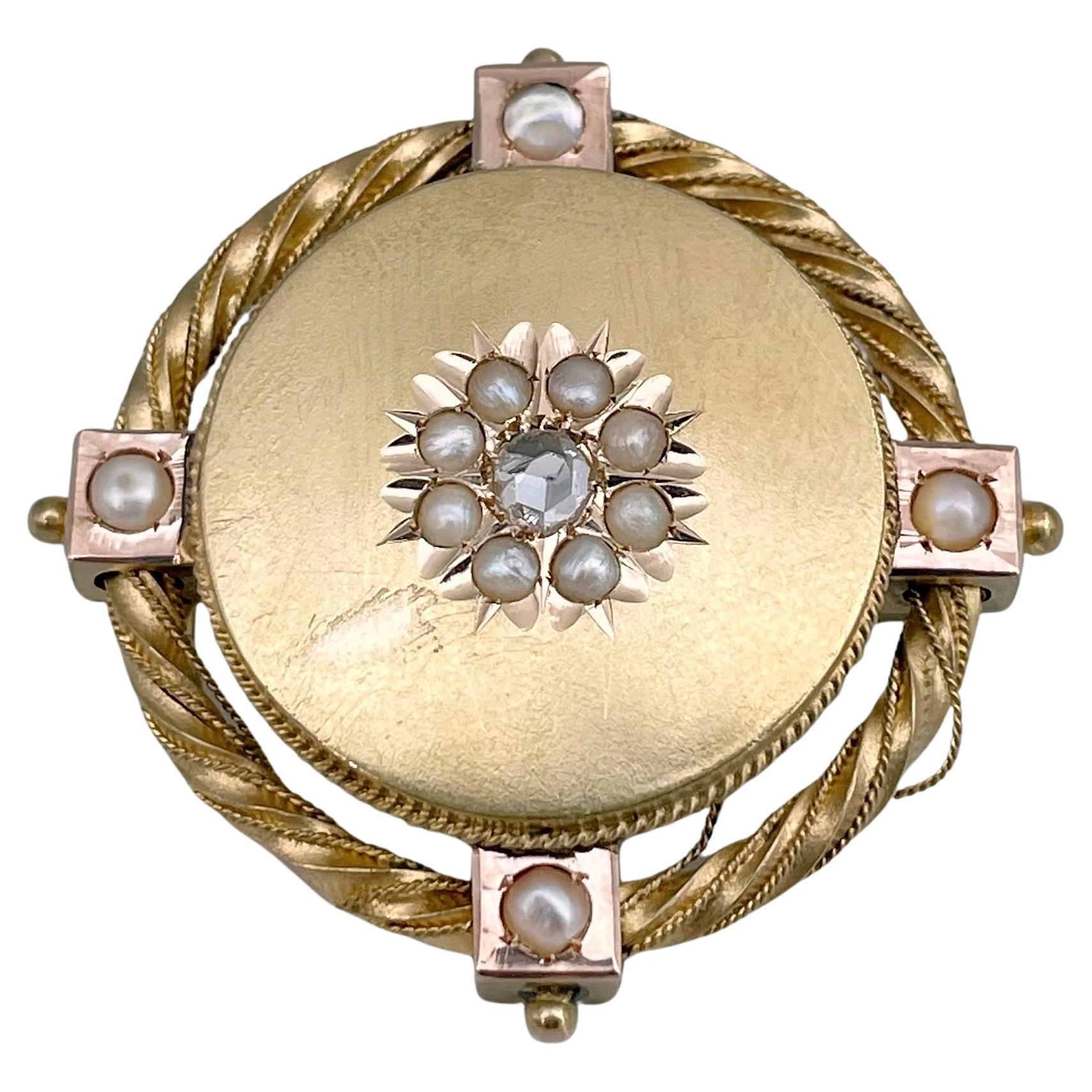 Viktorianische runde Anstecknadelbrosche aus 18 Karat Gold 0,03 Karat Diamant im Rosenschliff Perle im Angebot