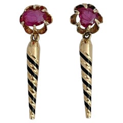 Victorian 18 Karat Gold 0.30 Carat Ruby Black Enamel Drop Stud Earrings