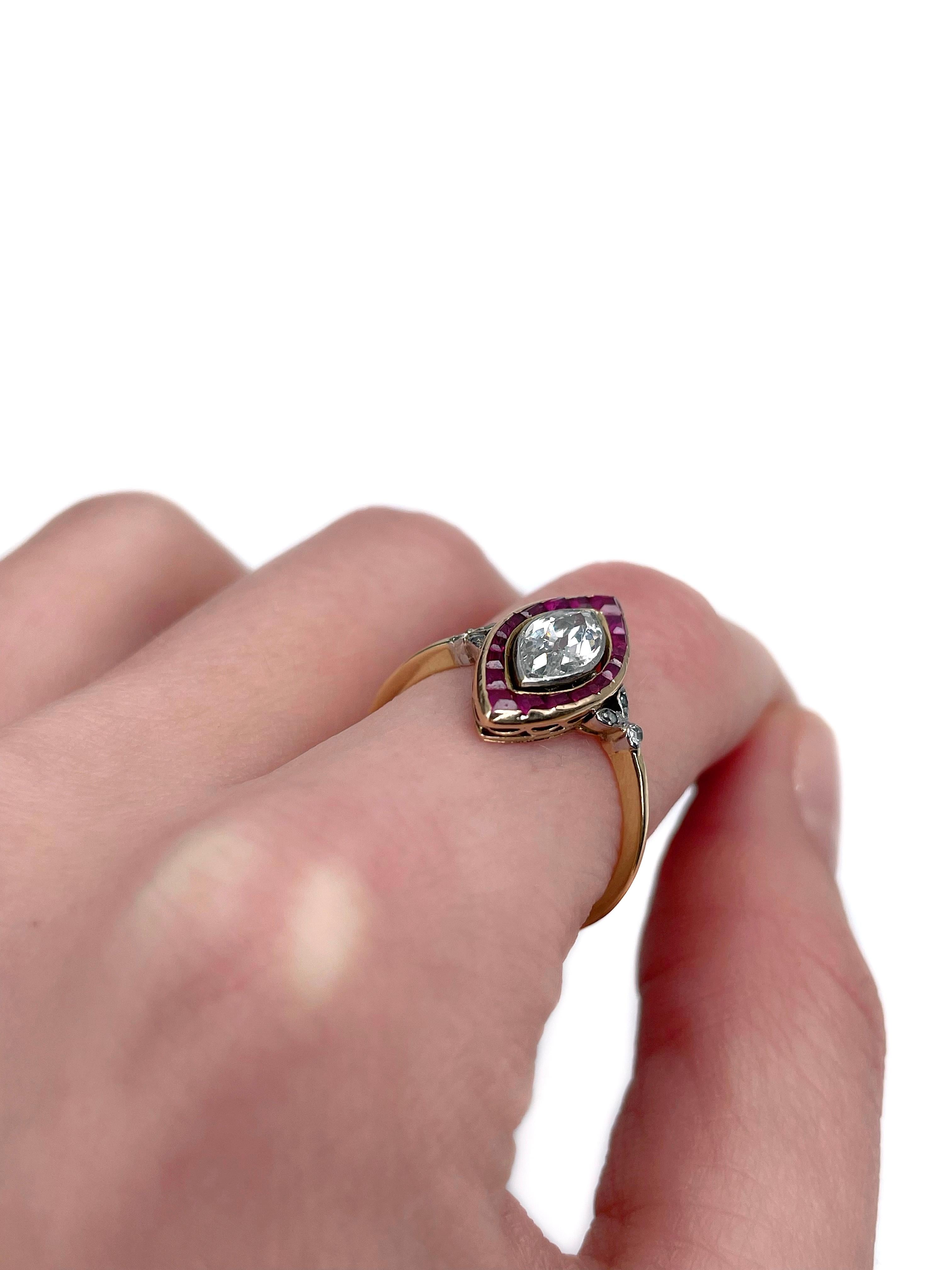 Victorian 18 Karat Gold 0.80 Carat Marquise Cut Diamond Ruby Navette Ring In Good Condition For Sale In Vilnius, LT