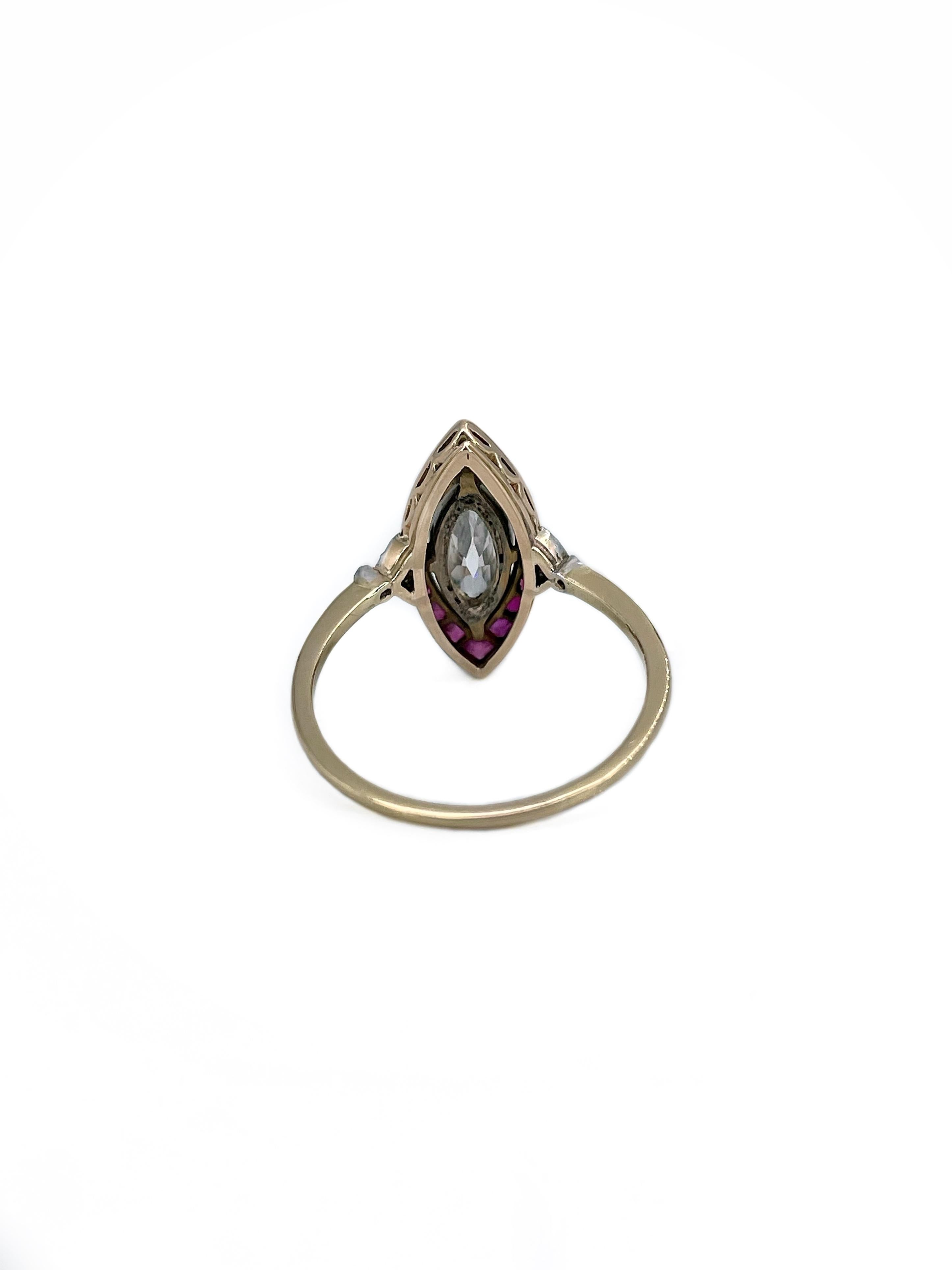 Women's Victorian 18 Karat Gold 0.80 Carat Marquise Cut Diamond Ruby Navette Ring For Sale
