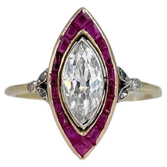 Antique Victorian 18 Karat Gold 0.80 Carat Marquise Cut Diamond Ruby Navette Ring