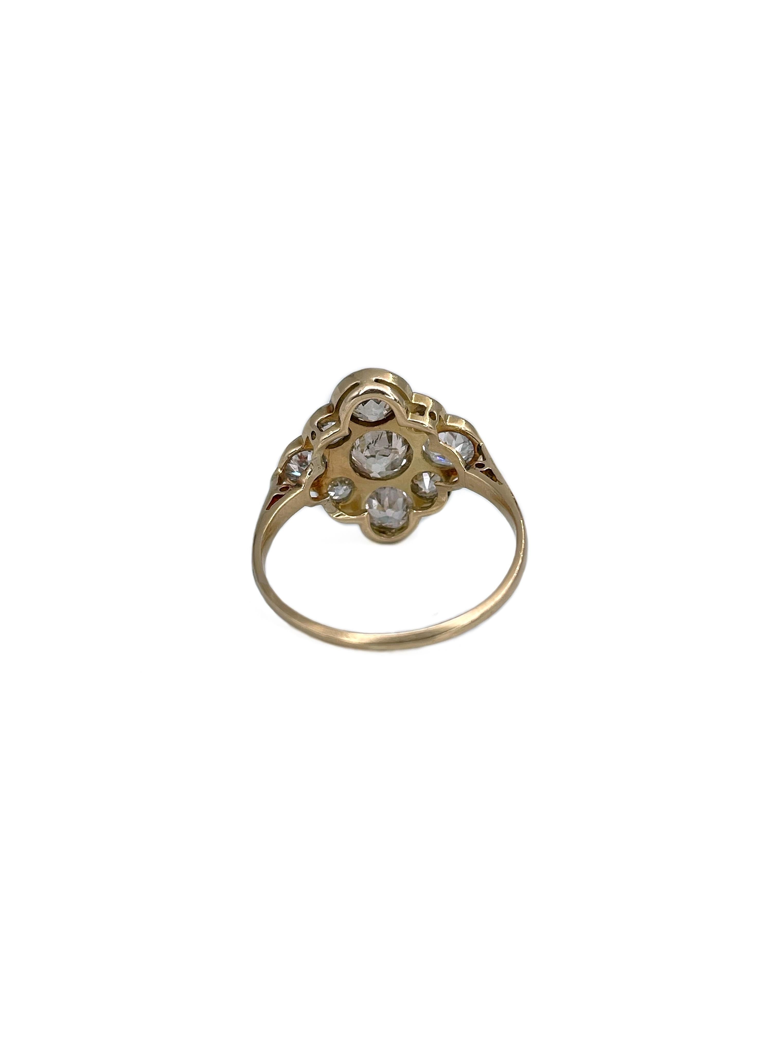Victorian 18 Karat Gold 1.00 Carat Old Mine Cut Diamond Cluster Ring 2