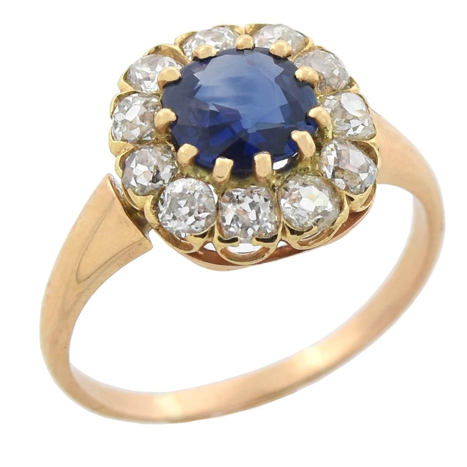 Old Mine Cut Victorian 18 Karat Gold 1.00 Carat Sapphire and Diamond Cluster Ring For Sale